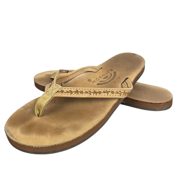 Rainbow Sandals Las Flores Women's Sz 6.5 -7.5 Brown Leather Floral Etching - Picture 1 of 13